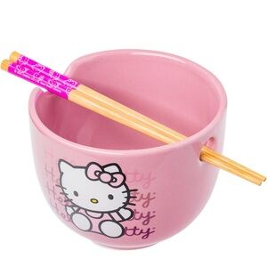 Sanrio Hello Kitty Waving Pink Ceramic Ramen Noodle Rice Bowl with Chopsticks